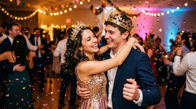 Joyful couple wearing crowns dances amidst falling confetti at a festive celebration
