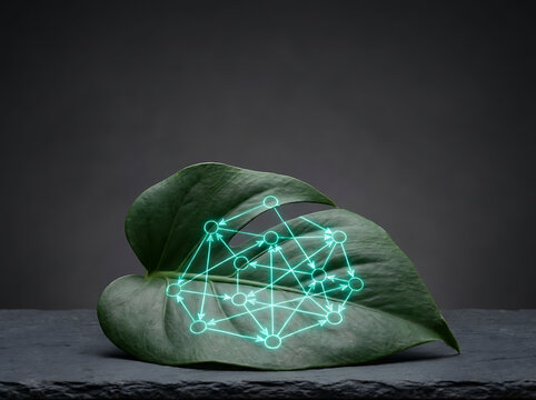 Radiant digital network illuminating a fresh green leaf, illustrating the harmonious fusion of advanced technology and ecological balance for a sustainable future