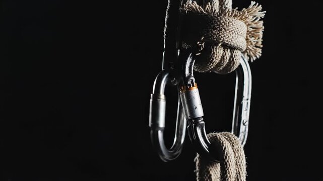 Carabiners and climbing rope linked together. Metal gear attached to thick sisal cord for safety. Industrial security equipment isolated on black wall background