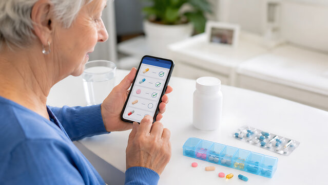 Person Using Medication Reminder App on Smartphone Near Pill Bottle at Home