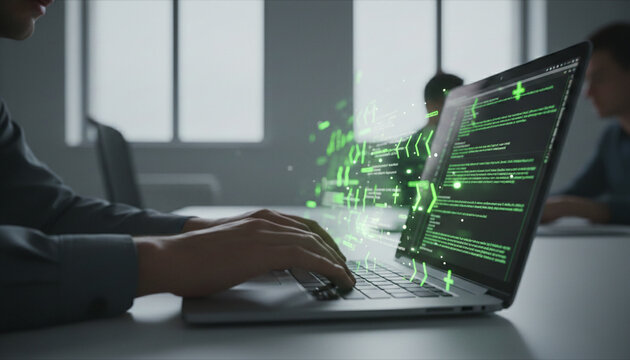 Close-up of hands typing on a laptop with green code displayed, symbolizing data, programming, and digital communication, representing technology and business.