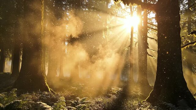 Sunlight streaming through misty forest with tall trees and lush green ferns in peaceful nature scene