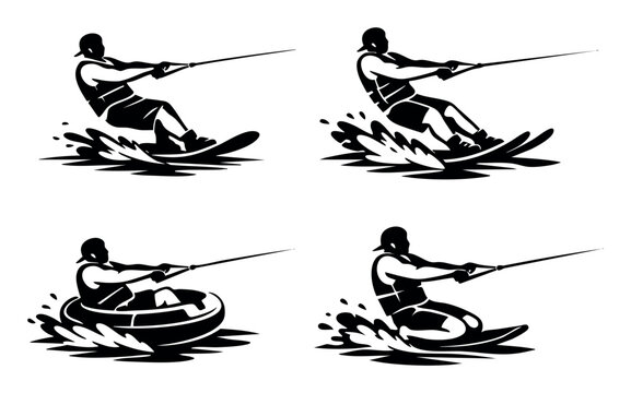 Various watersport activities, including wakeboarding, waterskiing, tubing, and kneeboarding, showing people having fun on water