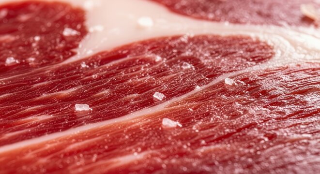Close up of high quality Iberico ham slice with fat marbling.