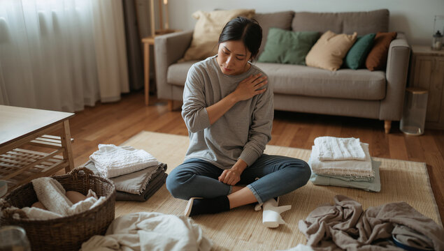 室内で日本人女性が洗濯物を畳みながら肩を押さえる写真