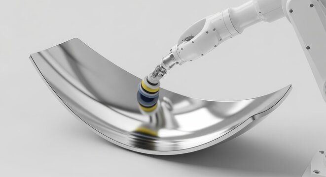 Robotic arm precisely polishes a curved metallic parabolic reflector with a rotary brush for a flawless surface finish