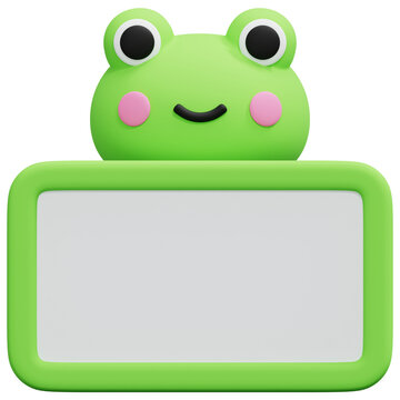Cute Green Frog Animal Face With Blank Board Sign Message Template