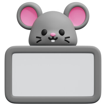 Cute Grey Mouse Animal Face With Blank Board Sign Message Template