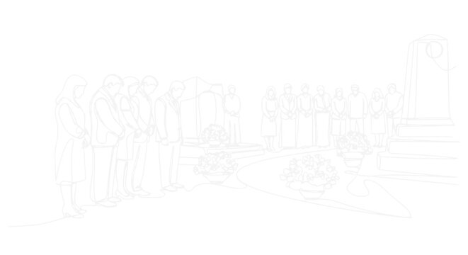 Funeral Ceremony Line Art: Mourners Gather at Gravesite for Somber Farewell