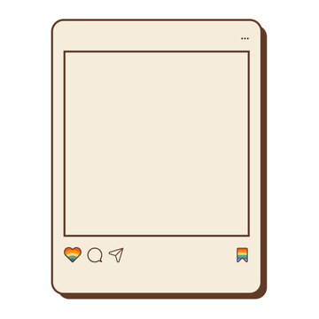 Retro social media photo post frame template with rainbow pride heart and bookmark buttons isolated on white background. Vintage Y2K digital interface mockup element for LGBTQ pride month. Vector.