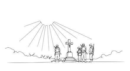 Obraz premium Soldiers Honoring Cross Monument Under Radiant Sun, War Memorial Sketch