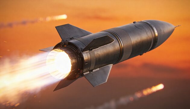 Powerful military missile launching into the sky with fiery exhaust trails against a dramatic sunset sky
