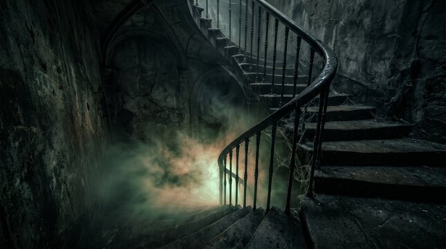 Spooky halloween background abandoned stone staircase with eerie mist