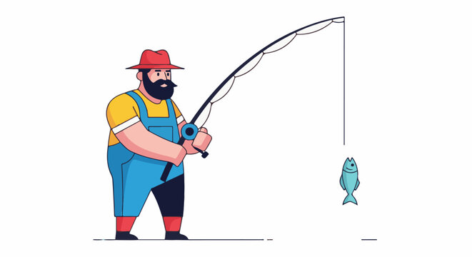 Fisherman with hat and overalls catches a fish with a rod