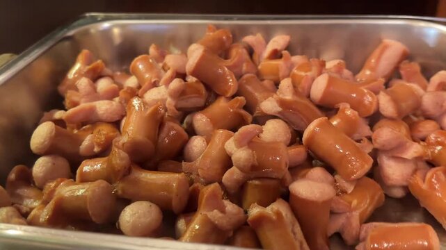 Close up video of fried sausages in buffet tray with crispy texture and savory street food style