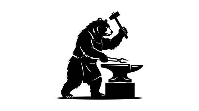 Bear blacksmith hammering metal on an anvil illustration.