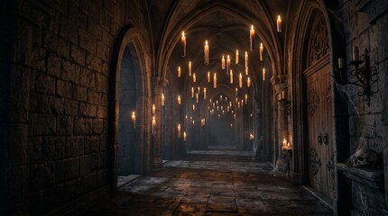 Obraz premium Spooky halloween background floating candles in ancient stone hallway