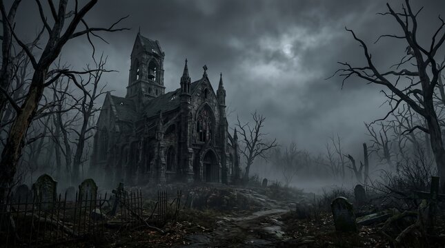 Spooky halloween background haunted church in misty cemetery landscape
