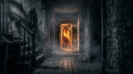 Fototapeta premium Spooky abandoned hallway halloween background with glowing door and cobwebs