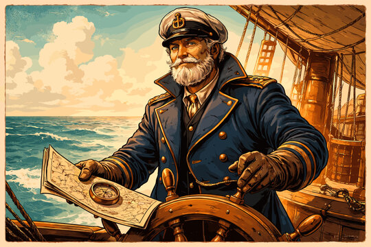 A vintage illustration of a bearded ship captain in a naval uniform, steering a vessel at sea with a map and compass.
