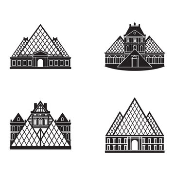 Four black and white illustrations of different german halftimbered houses with steep roofs and white background