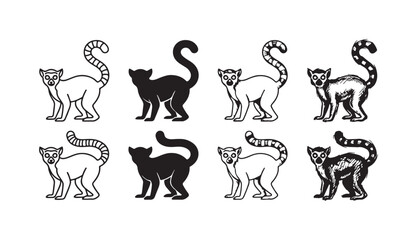 Set of Eight Black and White Ring-Tailed Lemur Illustrations in Different Styles © Ірина Гринюк