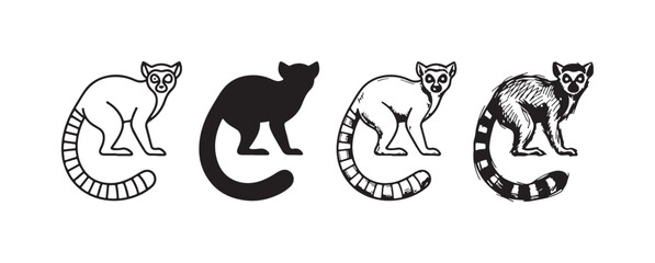 Four Black and White Lemur Illustrations with Varied Artistic Techniques © Ірина Гринюк