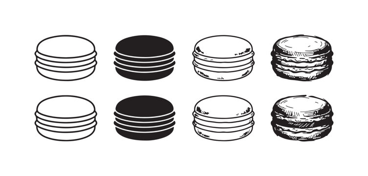 Eight stacked macaroon illustrations arranged in two rows, showcasing various artistic techniques from clean line art to solid forms and detailed textured designs.