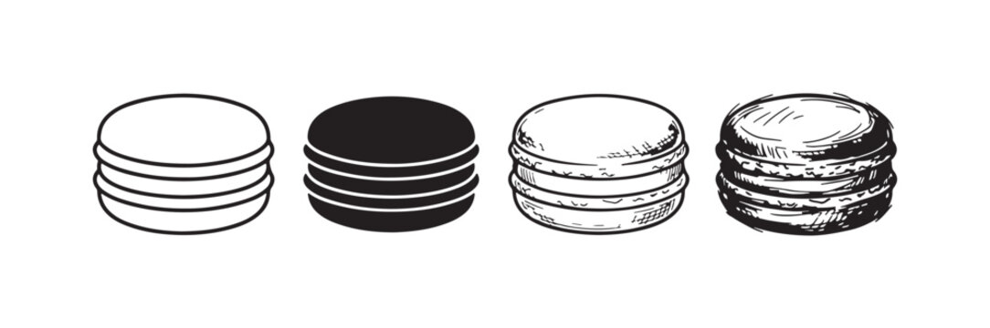 Set of four stacked macaroon illustrations, presenting diverse artistic styles from simple outlines to solid black shapes and intricately textured, hand-drawn depictions.