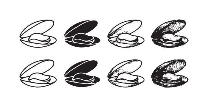 Eight black and white open clam or mussel icons, featuring two distinct perspectives in outline, solid, light etching, and rough sketch.