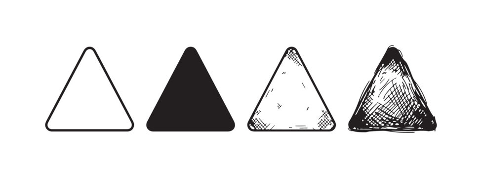 Four distinct stylistic representations of an equilateral triangle, including outline, solid fill, and various hand-drawn sketches