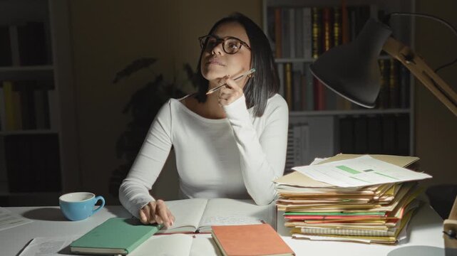 Woman at desk studying, holding pen to mouth and touching notebook beside a stack of folders under a desk lamp in building; late night contemplation.