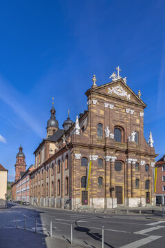 Church of St. Michael in Wurzburg, Germany. Front facade low angle view under a blue sky