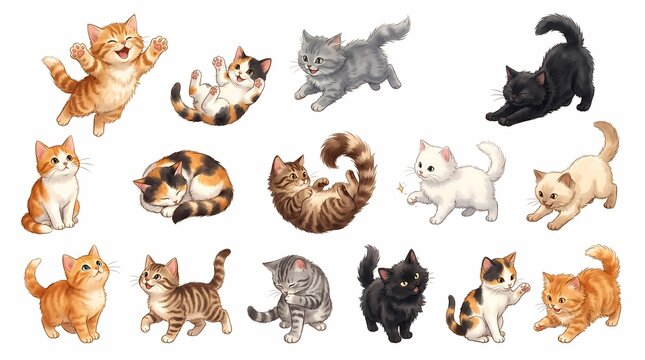 A delightful collection of various adorable kittens and cats in different playful poses and colors, showcasing their charming personalities.