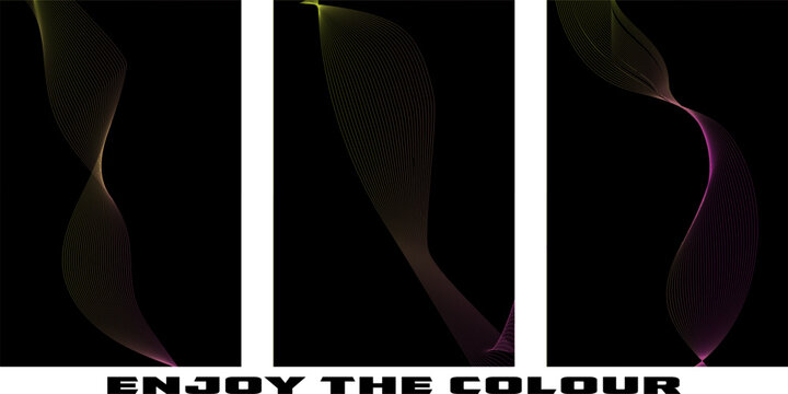Abstract triptych with colorful glowing flowing lines and star shapes on black abstract triptych colorful background