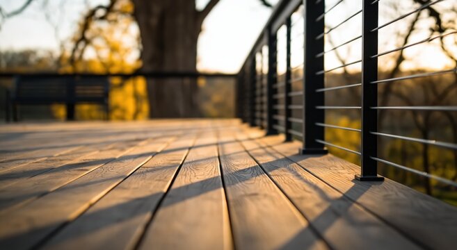 Deck with modern black cable railing at sunset golden hour terrace wood timber balustrade