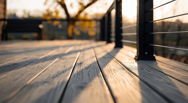 Deck wood planks with modern cable railing at golden hour exterior architecture