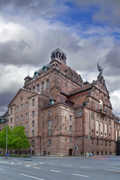 Nuremberg Opera House view in Nuremberg, Germany. Front facade low angle perspective under a cloudy sky