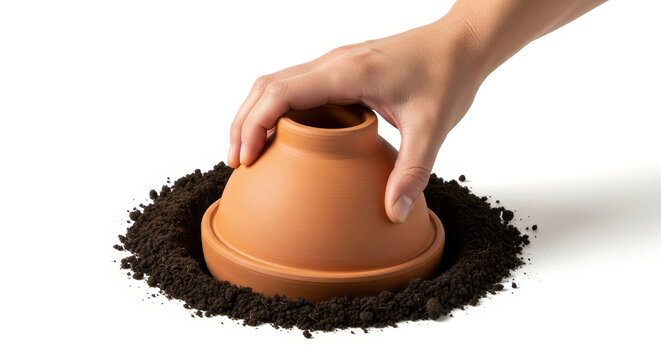 Terracotta olla pot being placed into dark soil by hand, showcasing a traditional gardening moisture system