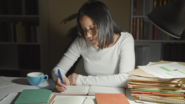 Woman studying at night in a studio, resting chin on hand while writing in a notebook with pen beside stacks of books and folders; quiet concentration.