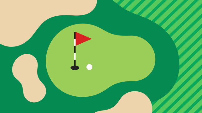 a top-down view of a vibrant golf green with a bright red flag, a white ball near the shadowy hole, undulating beige sand bunkers, and a striped corner pattern in the background