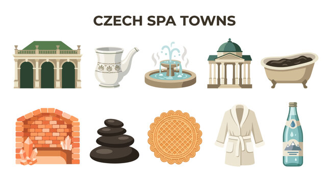 Collection of Czech Spa Town Icons and Symbols.