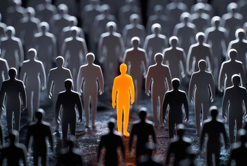 Fototapeta premium A single bright orange silhouette stands in the center of a crowd of dark, shadowy figures.