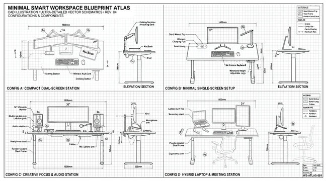 Minimal smart workspace blueprint atlas with various desk configurations