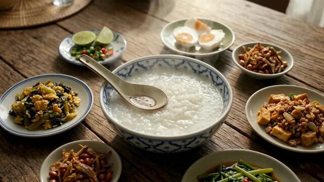 A traditional meal featuring a large bowl of rice porridge surrounded by various side dishes on a wooden table
