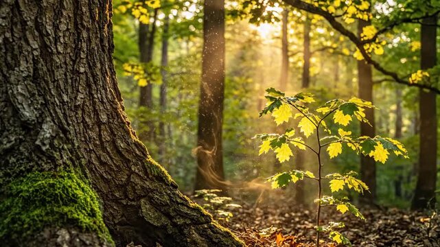 Golden sunlight filtering through tree leaves in forest. Small oak sapling growing near mossy tree trunk with floating dust particles. Nature regeneration scene