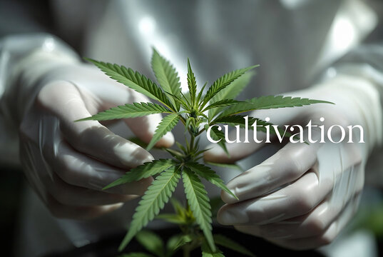 Hands in gloves are carefully holding a small cannabis plant, suggesting an indoor cultivation setting.
