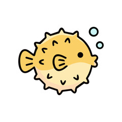 Cartoon pufferfish swimming in water. © daksarupa