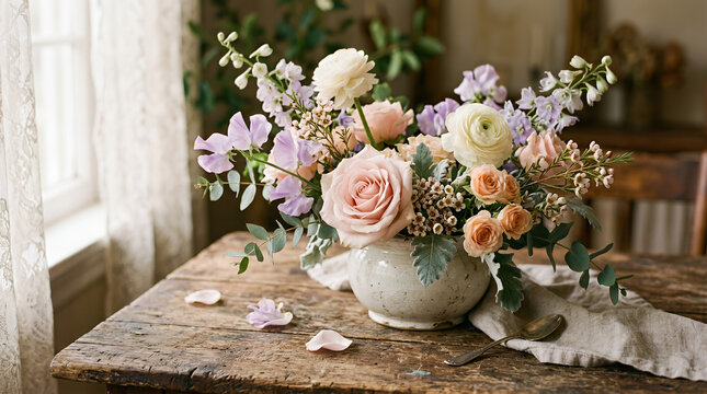 Beautiful floral arrangement in a glass vase on a rustic wooden table by a sunny window