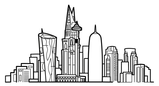 Modern urban skyline with diverse skyscraper architecture styles.